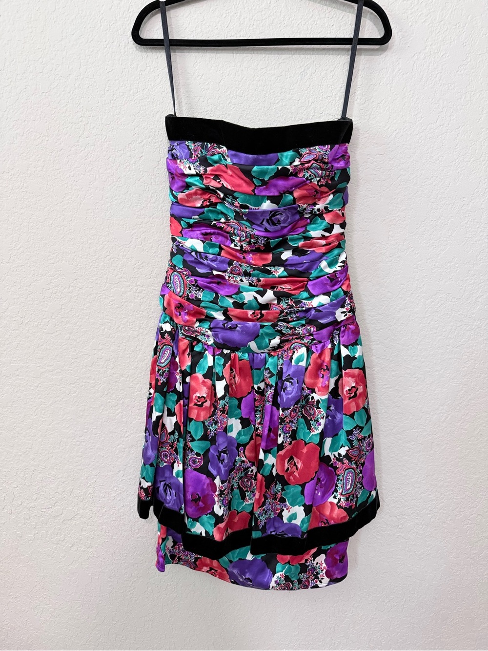Vintage Maggy London Strapless Floral Cocktail Dress in Purple, Teal & Black